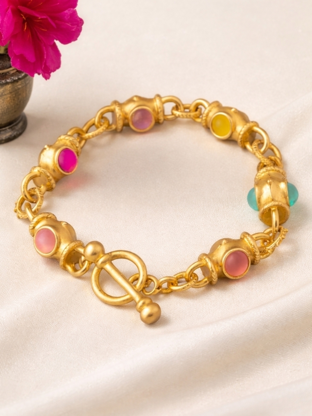 18k Matte Gold Plated Byzantine Revival Frosted Pastel Cabochon Toggle Bracelet